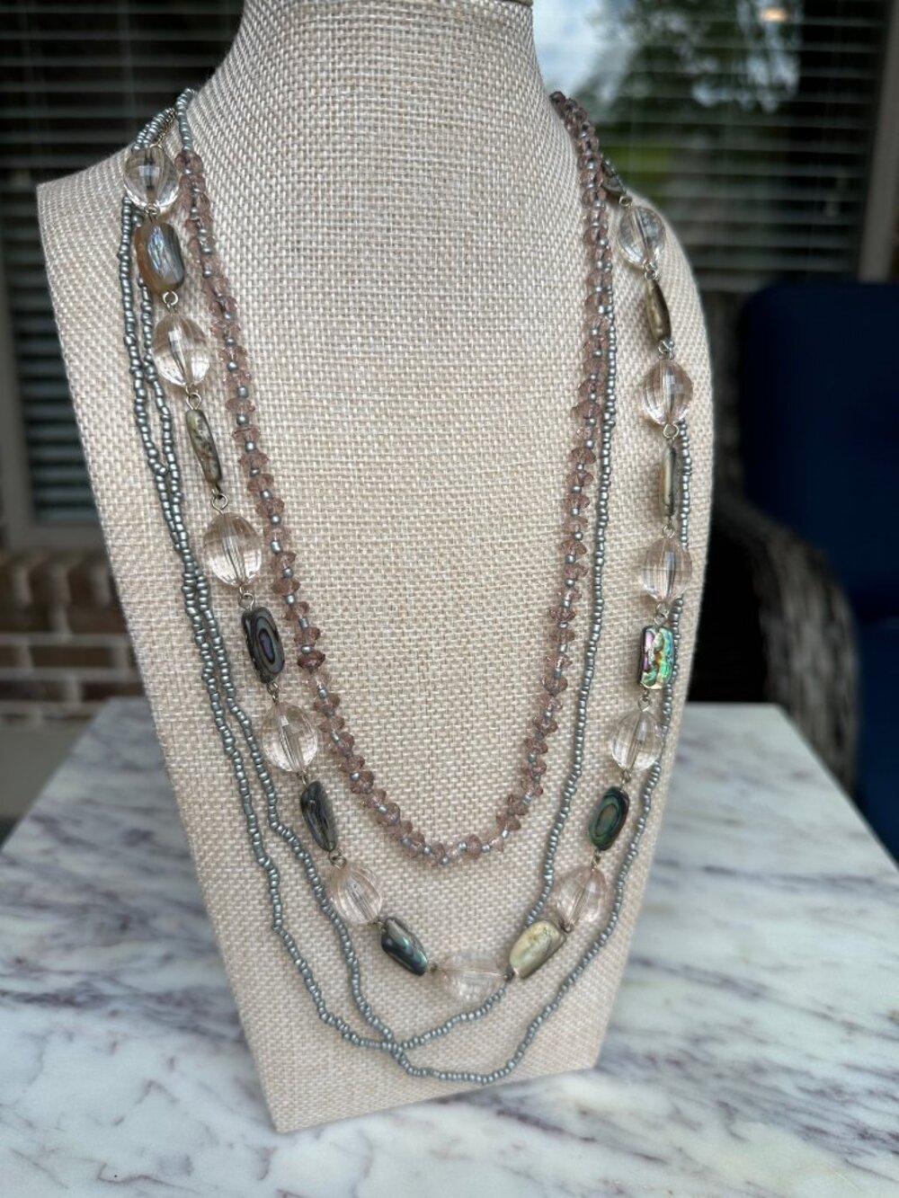 Coldwater Creek Multi Strand Abalone Beads Pink Gray Layered Long Flowy Necklace